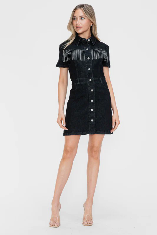 Embellished Button Down Short Sleeve Denim Dress - Image 3