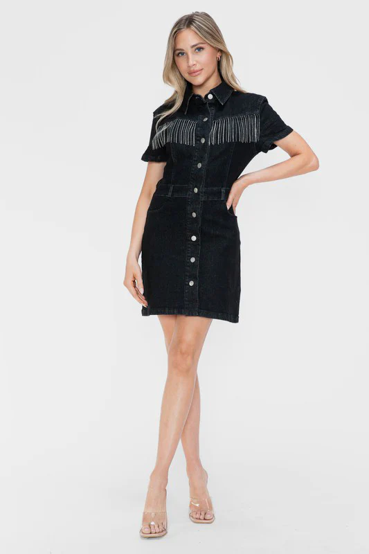 Embellished Button Down Short Sleeve Denim Dress - Image 4