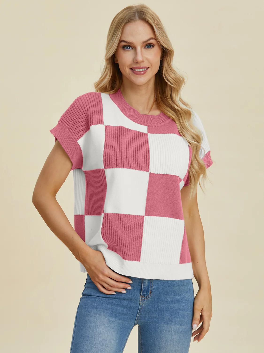Checkered Round Neck Short Sleeve Sweater - Image 9