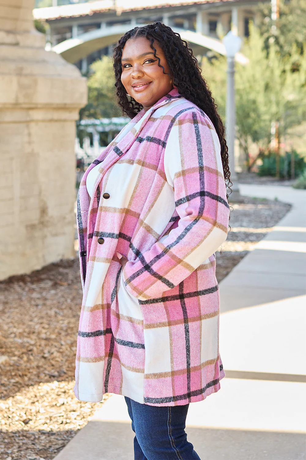 Plaid Button Up Lapel Collar Coat - Image 7