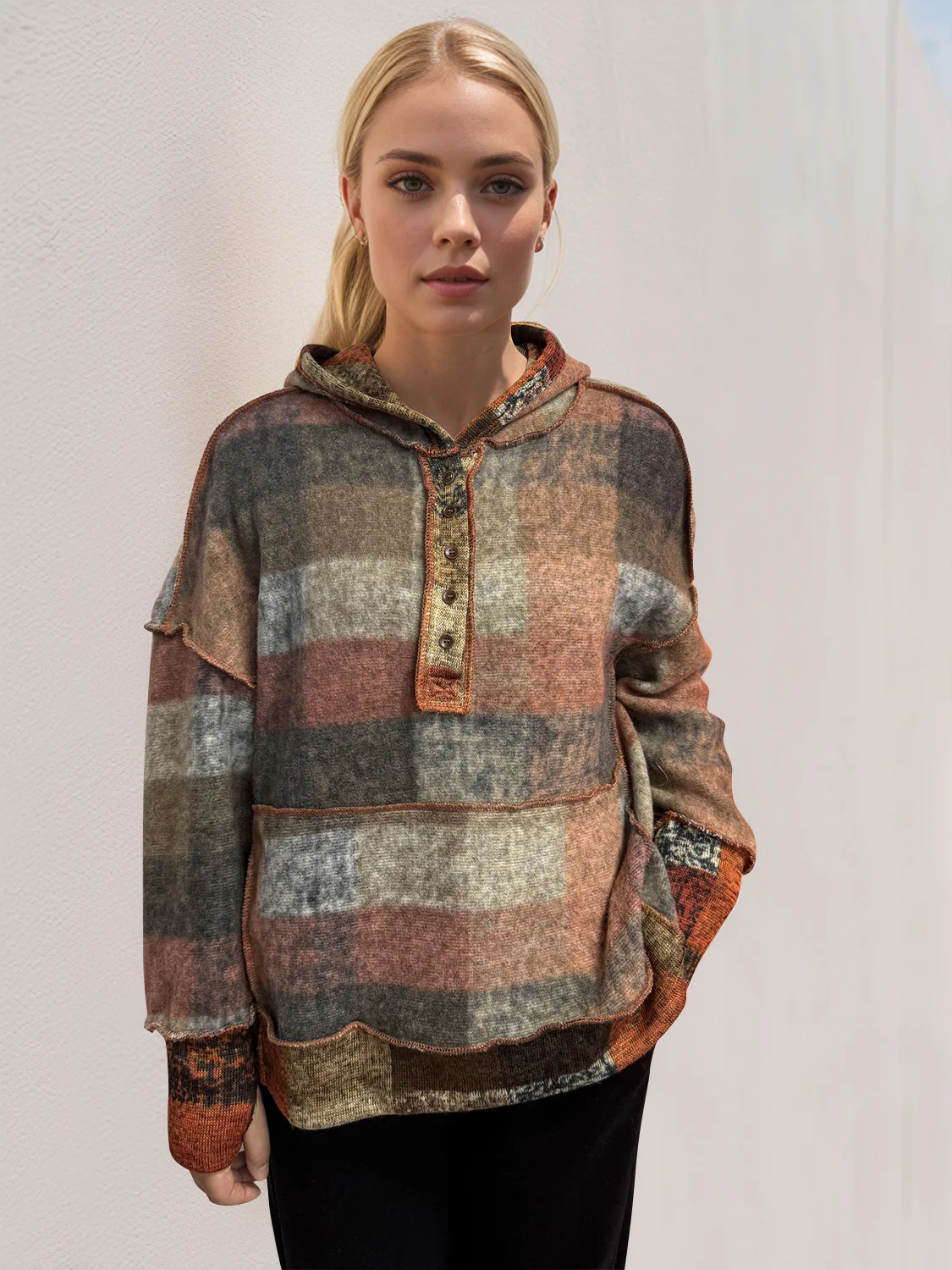 Plaid Dropped Shoulder Hoodie - Image 10