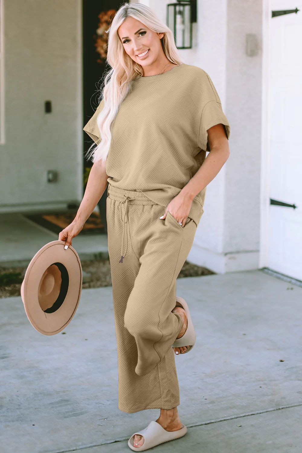 Texture Short Sleeve Top and Pants Set - Image 4