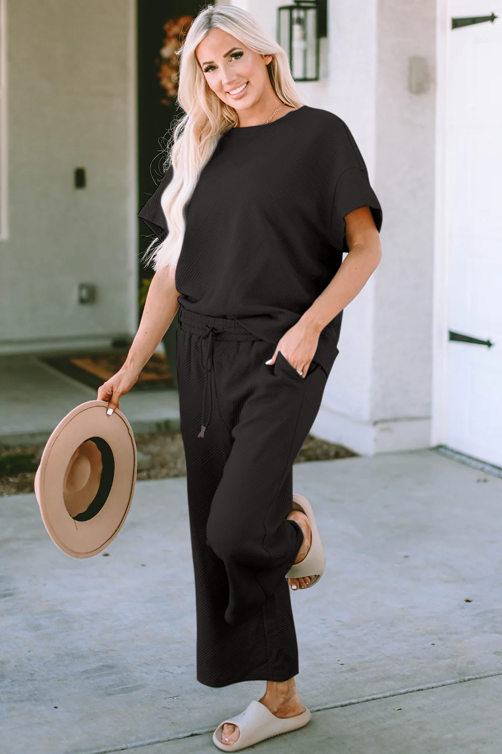 Texture Short Sleeve Top and Pants Set - Image 8