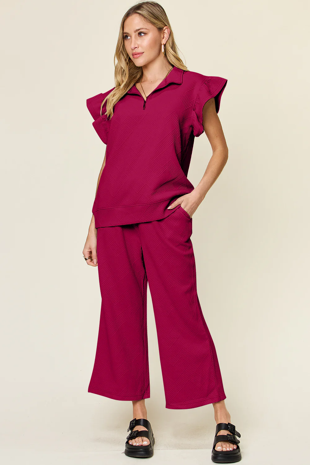Texture Ruffle Sleeve Pant Set- Black, Blue, Green, Teal - Image 10