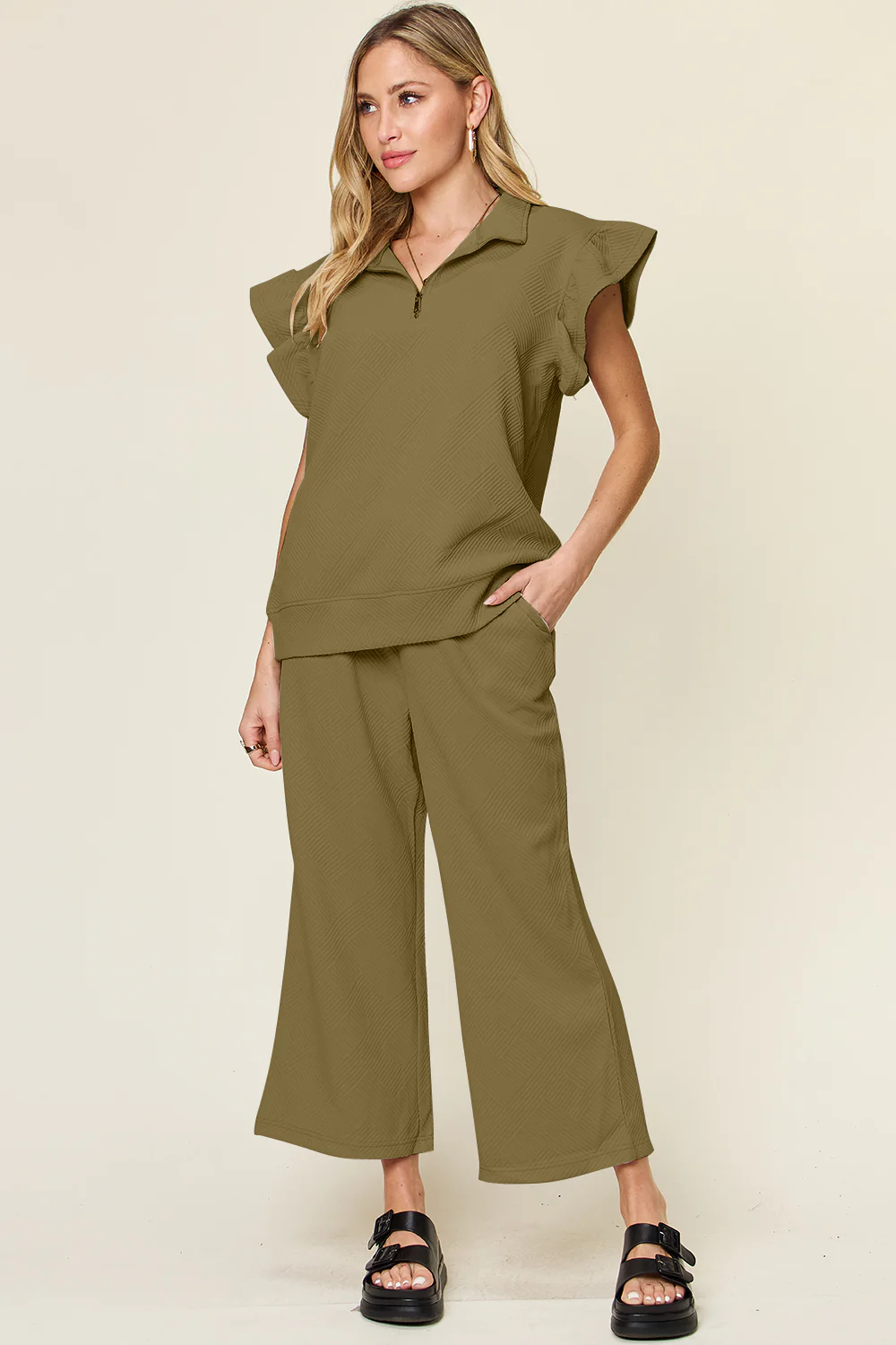 Texture Ruffle Sleeve Pant Set- Black, Blue, Green, Teal - Image 11