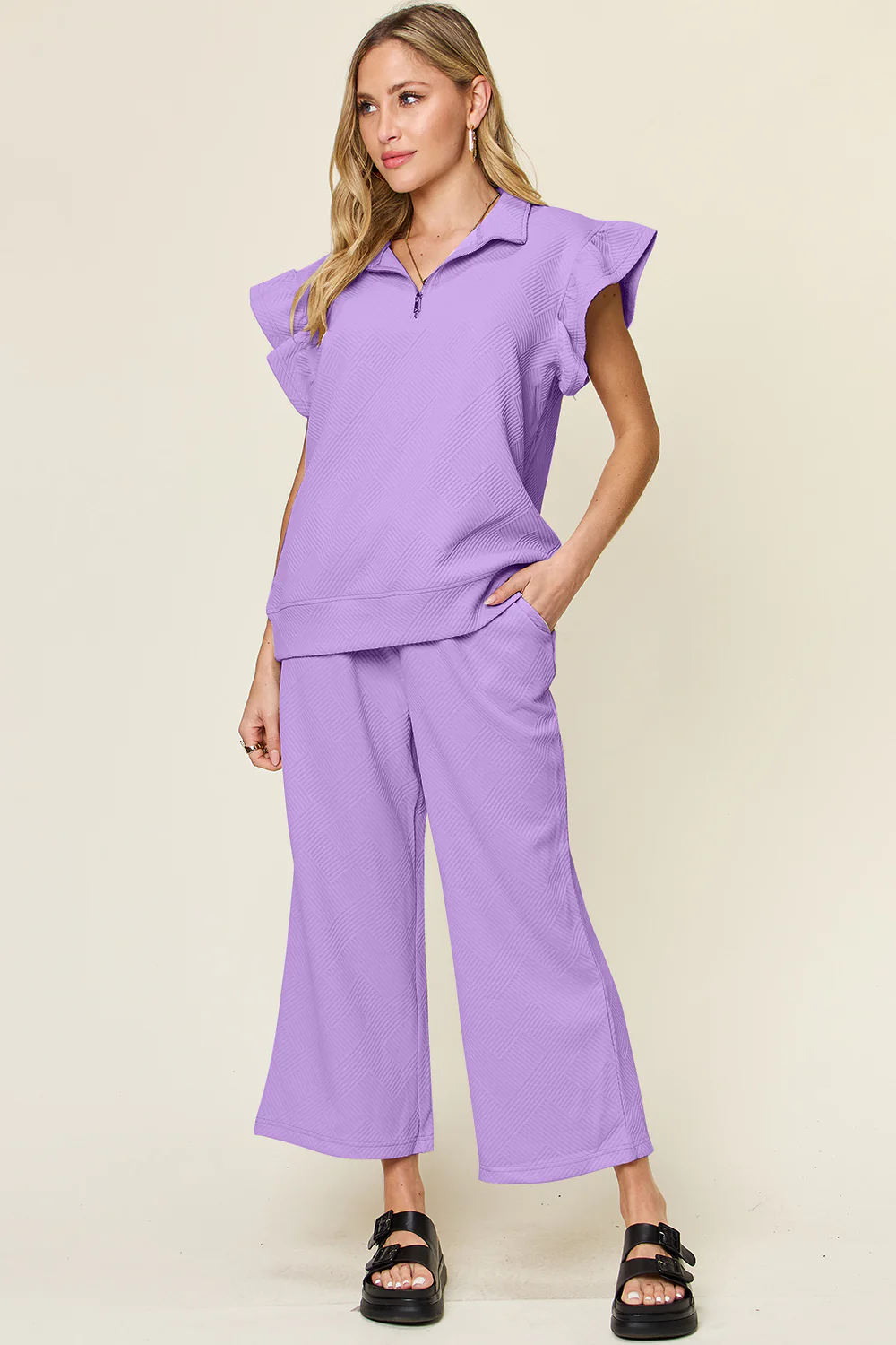 Texture Ruffle Sleeve Pant Set- Black, Blue, Green, Teal - Image 8