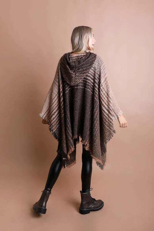 Herringbone Tweed Hooded Frayed Edge Poncho - Image 10