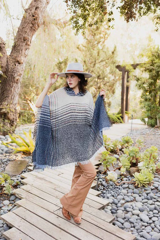Herringbone Tweed Hooded Frayed Edge Poncho - Image 3