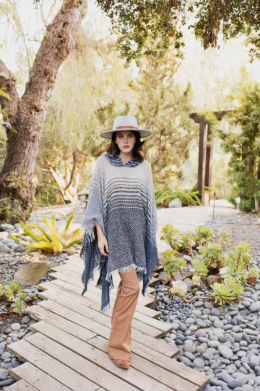Herringbone Tweed Hooded Frayed Edge Poncho - Image 4